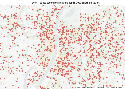 Balance des ouvertures et fermetures de commerces par blocs de 150 mètres, Lyon
